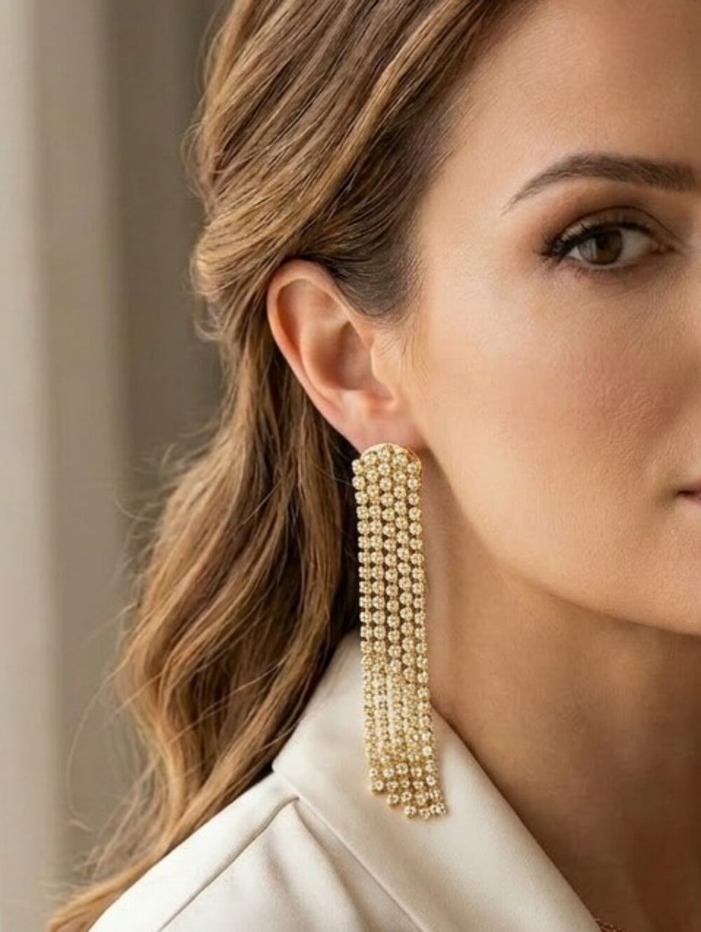 A New Day Gold Crystal Fringe Drop Earrings - Elegant Women Jewelry